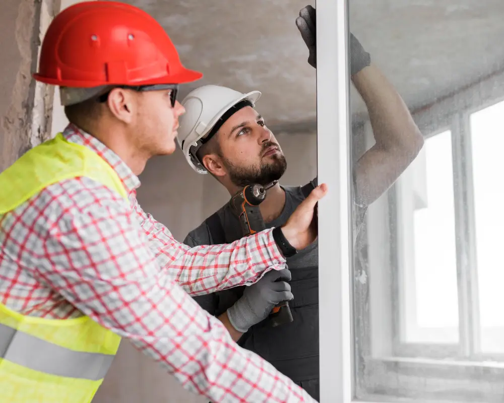 Technician performing broken glass door replacement in a home