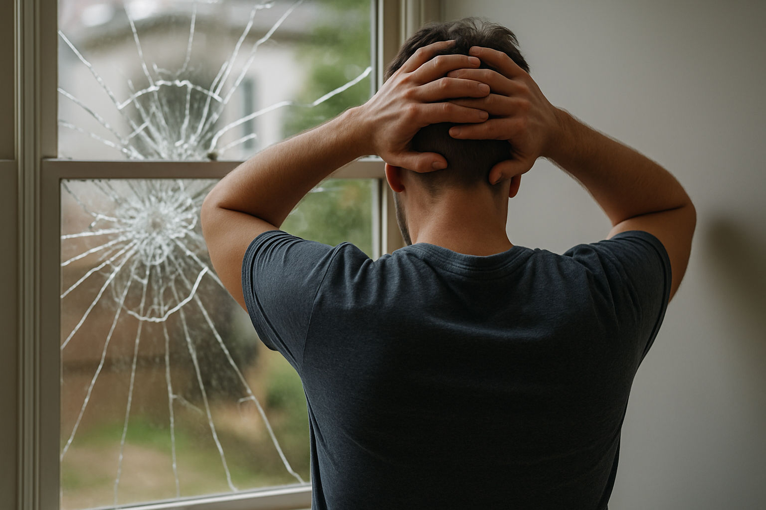 Man standing with hands on head in distress facing broken window — Window Glass Repair concept